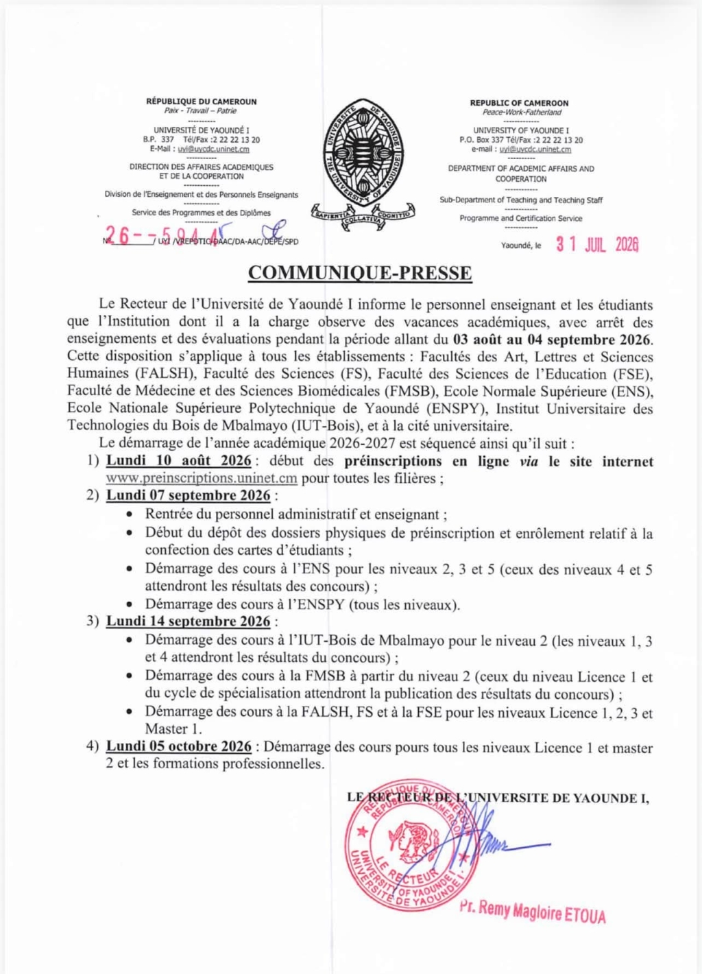 COMMUNIQUE RELATIF AUX VACANCES ACADÉMIQUES 2026